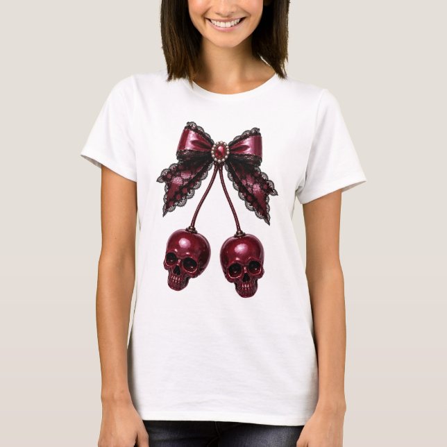 Camiseta Cabeleira Crânio Arco Gótico Cereja (Frente)