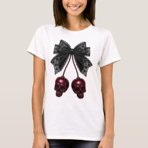Camiseta Cabeleira Crânio Laço Gótico Cereja