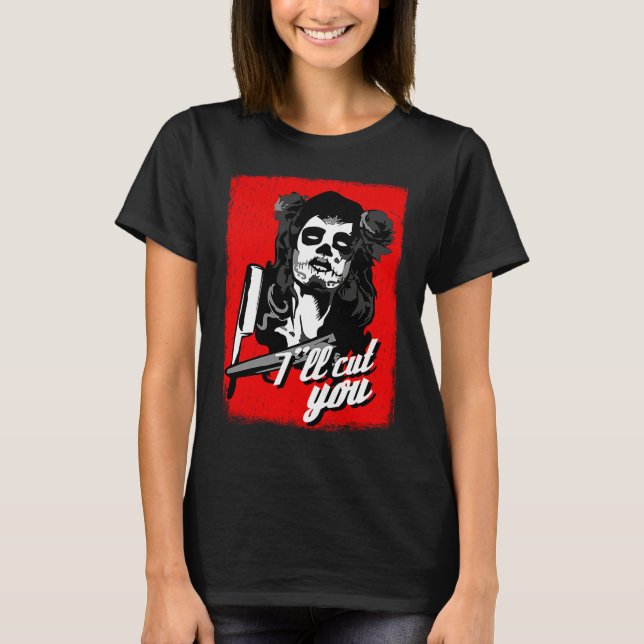 Camiseta Cabeleireiro Barbeiro Navalha Açúcar Caveira Estil (Frente)