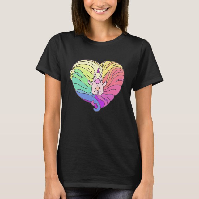 Camiseta Cabelo Arco-íris Coração Ioga Unicórnio (Frente)