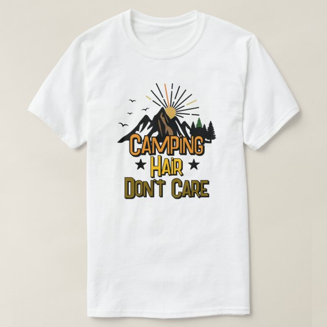 Camiseta Cabelo de Acampamento Não Me Importa (Frente do Design)