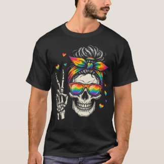 Camiseta Cabelo Desgrenhado Caveira Bandeira Arco-Íris LGBT