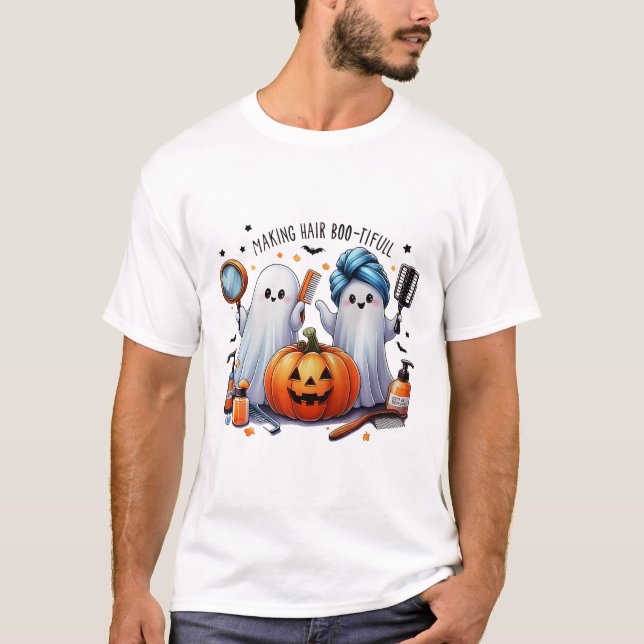 Camiseta Cabelo do fazer Bootizado Halloween Stylist Ghost (Frente)