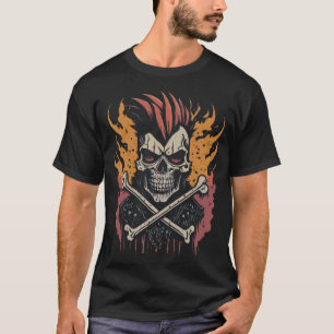 Camiseta Cabelo Moicano de Rock Punk Caveira Ossos Cruzados