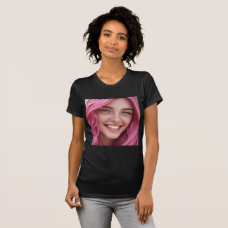 Camiseta Cabelo Rosa Vibrante Sardas Sorriso Retrato Gráfic