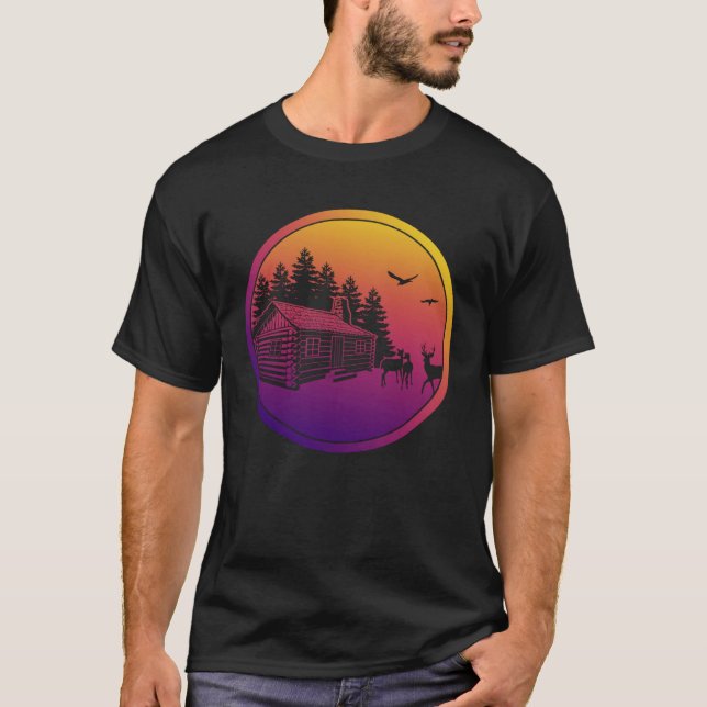 Camiseta Cabine do Log Retrowave da Floresta Synthwave (Frente)