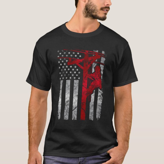 Camiseta Cabo elétrico Patriótico Afastado Lineman American (Frente)