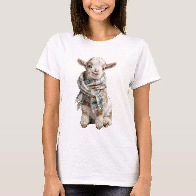 Camiseta Cabra Bebê Adorável Usando Cachecol Xadrez (Frente)