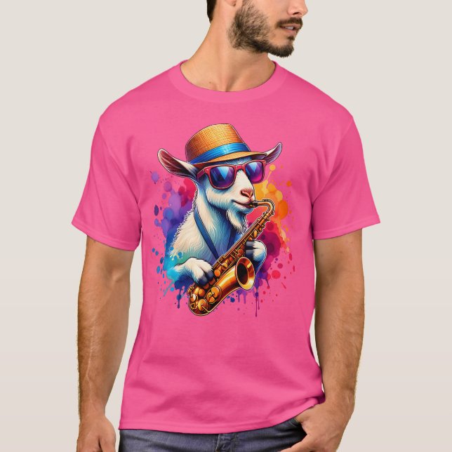 Camiseta Cabra Tocando Saxofone Com Óculos de Sol (Frente)
