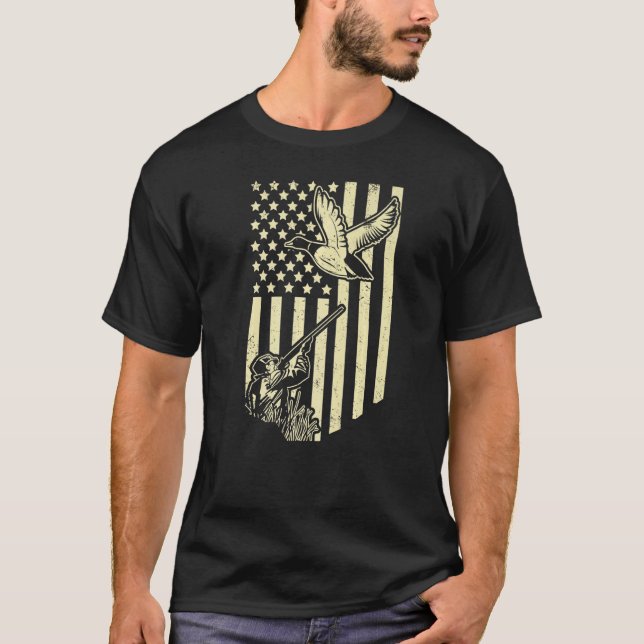 Camiseta Caça a Pato Caça à Bandeira Americana Pato Caça-Pá (Frente)