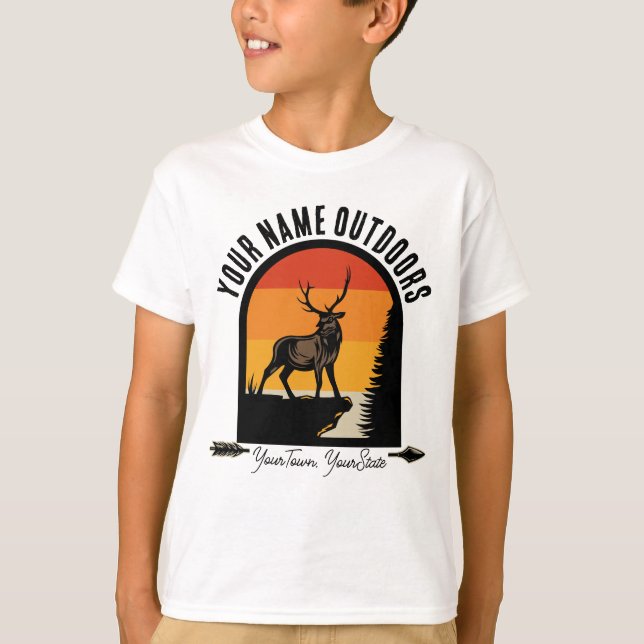 Camiseta Caça ADD NOME Ao Ar Livre Cervo Alce Acampamento W (Frente)