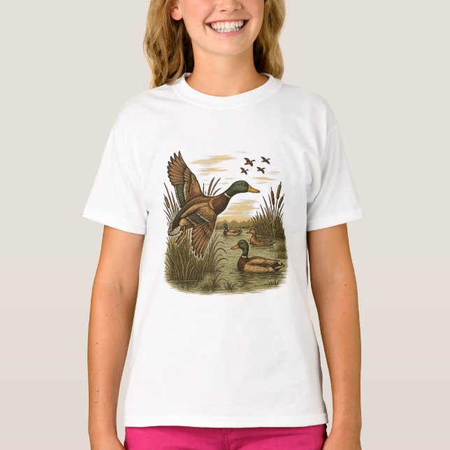 Camiseta Caça ao Pato-Mallard-Retro-Voador,  (Frente)