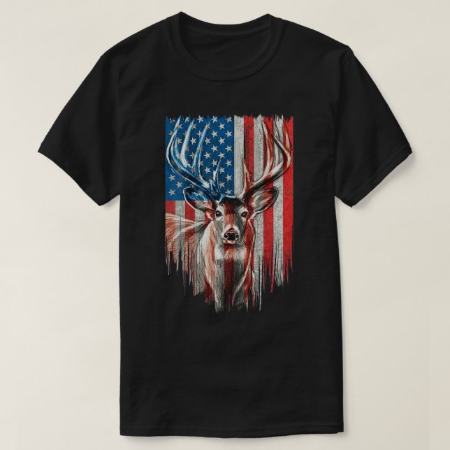 Camiseta Caça ao Veado com Chifres Brancos Camuflagem Ameri (Frente do Design)