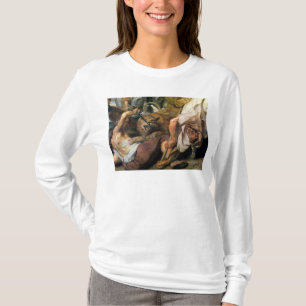 Camiseta Caça do leão, detalhe de dois homens e um leão,