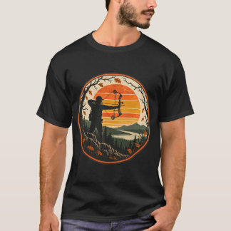 Camiseta Caçador de Arco do Pôr do Sol Retro na Floresta de