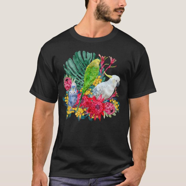 Camiseta Cacatua Branco e Periquitos Floral (Frente)