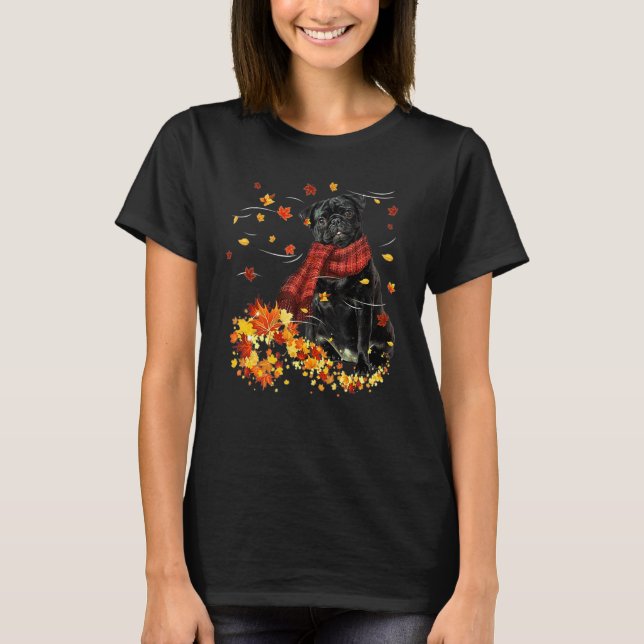 Camiseta Cachecol de Outono Pug  Cães Folhas de Outono (Frente)