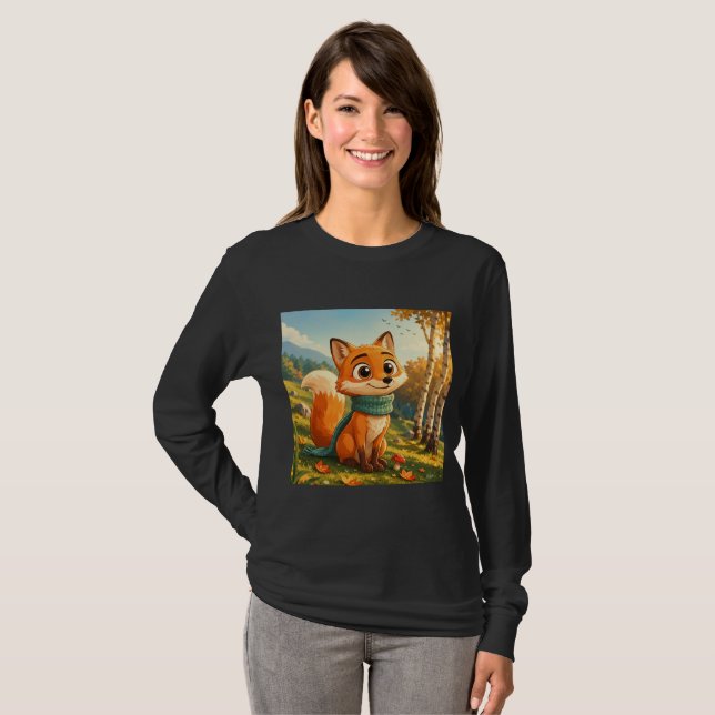 Camiseta Cachecol de raposa outonal fofo de manga comprida (Frente Completa)