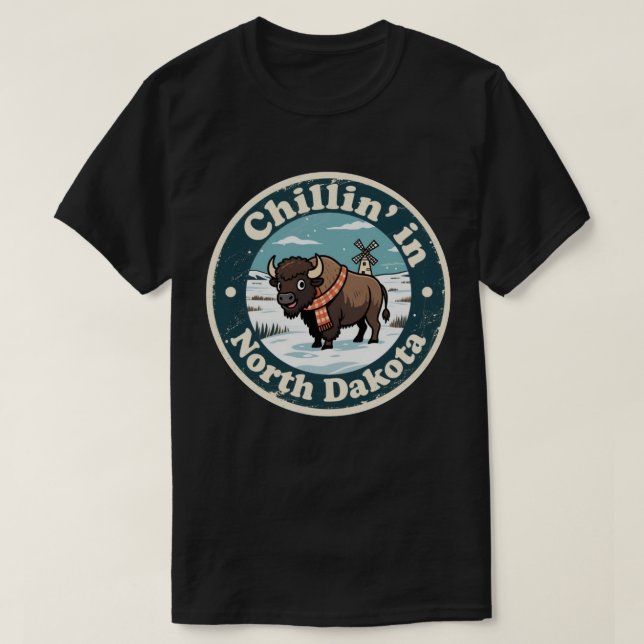 Camiseta Cachecol Engraçado de Bisonte de Dakota do Norte V (Frente do Design)