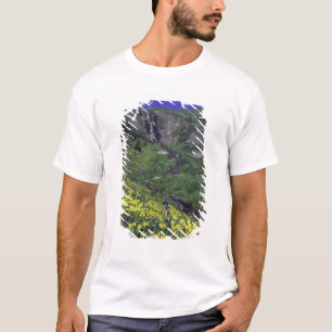 Camiseta Cachoeira e flores silvestres em prado alpino,