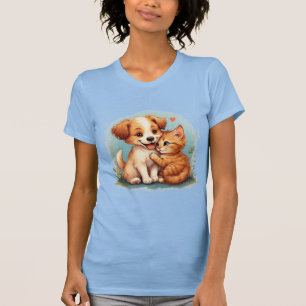 Camiseta Cachorrinho Adorável e Gatinho Abraçados