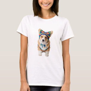 Camiseta Cachorrinho Corgi Adorável em Listras Coloridas Tr