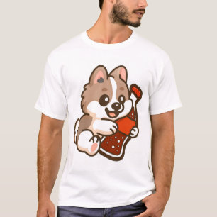 Camiseta Cachorrinho Fofo Abraçando Garrafa de Refrigerante