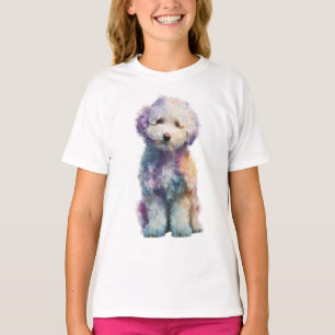Camiseta Cachorrinho Poodle Aquarela Pastel Arco-íris Crian