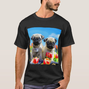 Camiseta Cachorrinhos Pug fofos e Tulipas