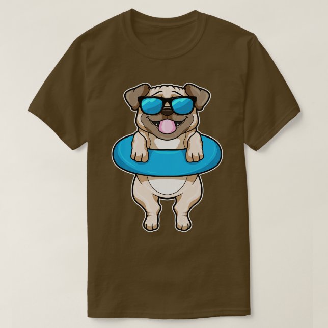 Camiseta Cachorro a Nadar com anel de Natação Óculos de sol (Frente do Design)