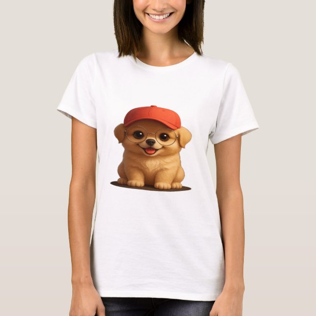 Camiseta Cachorro Adorável com Boné e Óculos - Camisa-T fem (Frente)
