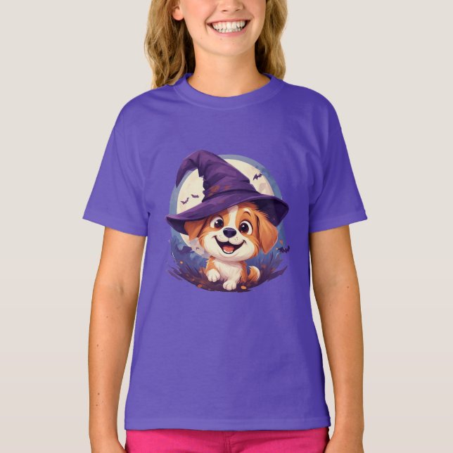 Camiseta Cachorro Adorável com Chapéu de Bruxa (Frente)