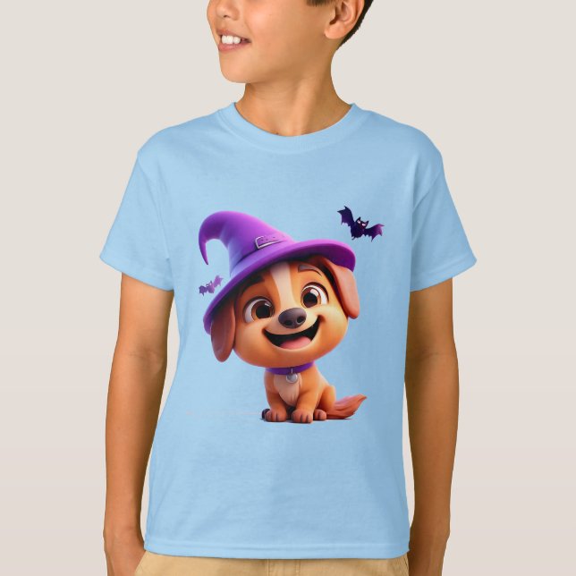 Camiseta Cachorro Adorável com Chapéu de Bruxa (Frente)