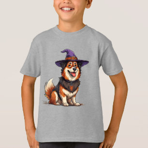 Camiseta Cachorro Adorável Usando Chapéu de Bruxo Roxo