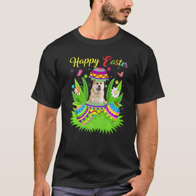 Camiseta Cachorro Akita Inu Ovo de Páscoa Floral Engraçado  (Frente)