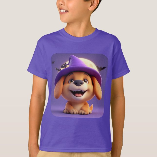 Camiseta Cachorro Alegre Disfarçado de Chapéu de Bruxa (Frente)