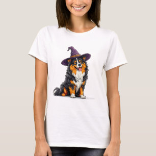 Camiseta Cachorro Alegre Usando um Chapéu de Bruxa