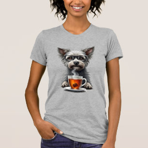 Camiseta Cachorro Antigo Segurando Chá com Óculos Pet Retro