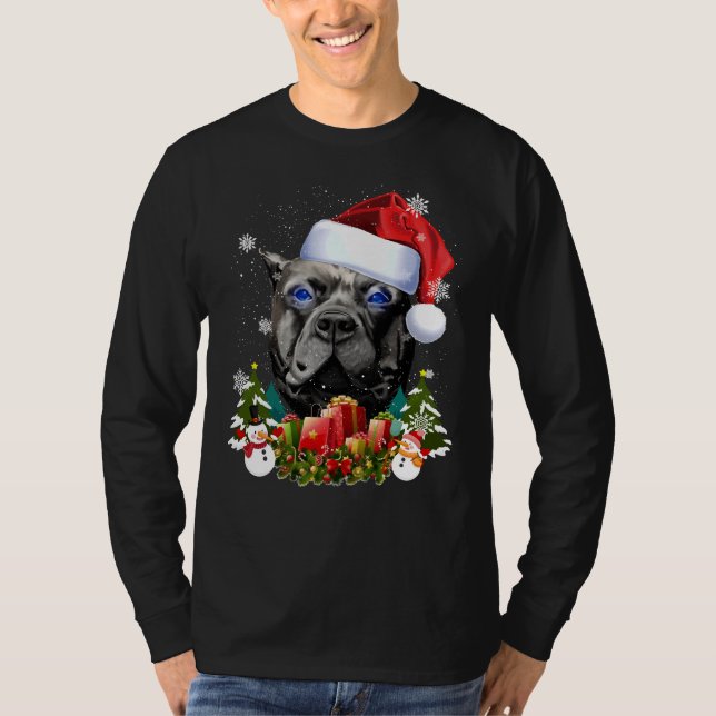 Camiseta Cachorro Azul Negro Pitbull Natal Santa Hat (Frente)