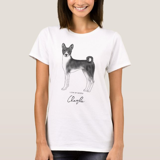 Camiseta Cachorro Basenji Fofo em Preto e Branco & Texto Pe (Frente)