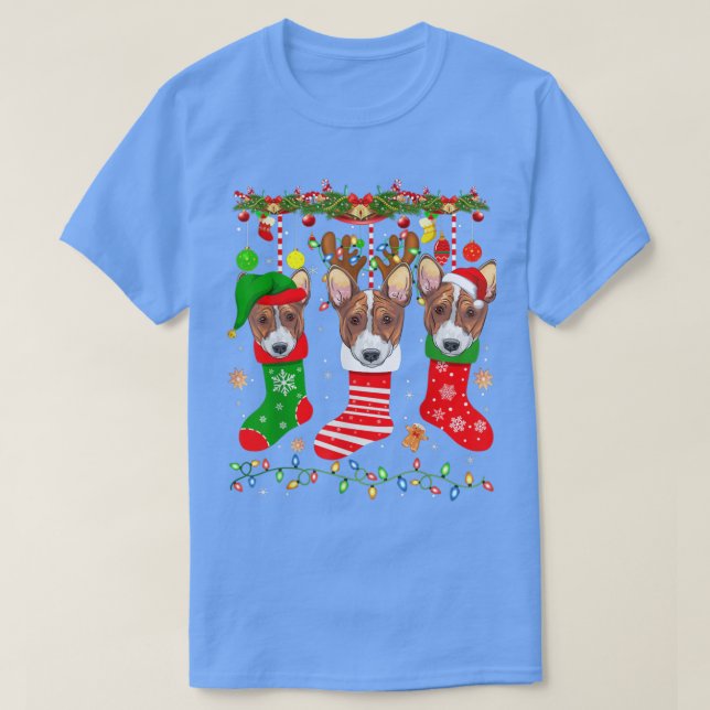 Camiseta Cachorro Basenji Na Meias De Natal Acende Xmas (Frente do Design)