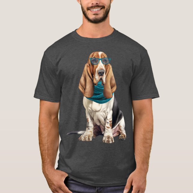 Camiseta Cachorro Basset Hound de Óculos de Sol e Cachecol  (Frente)