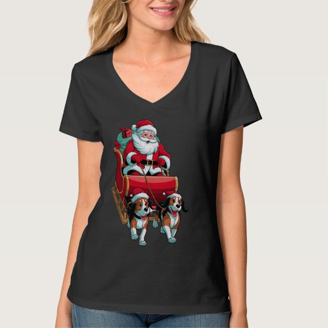 Camiseta Cachorro-Beagle Papais noeis de Natal Andando Slei (Frente)