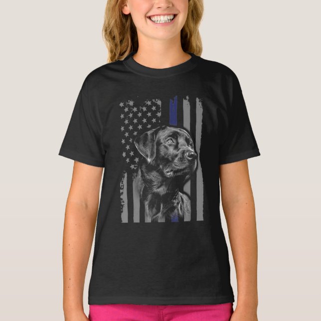 Camiseta Cachorro | Black Labrador American Flag Thin Line (Frente)