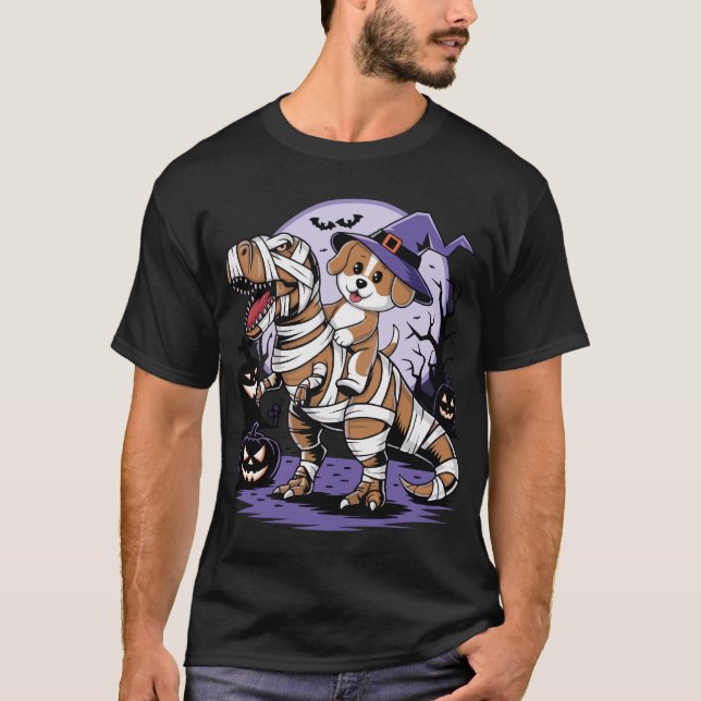 Camiseta Cachorro bonito cavalgando um santuário de dinossa (Frente)