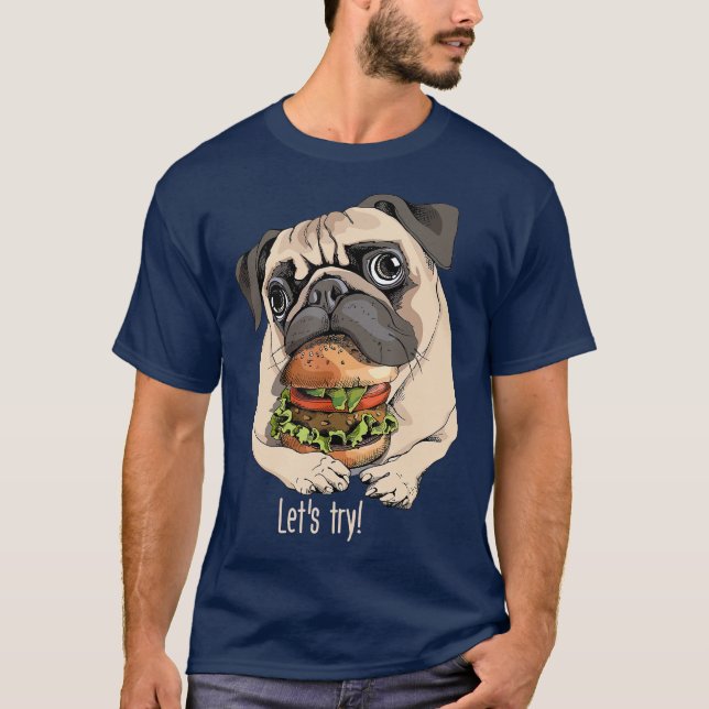 Camiseta Cachorro Bonito E Engraçado Pug Com Hamburger (Frente)
