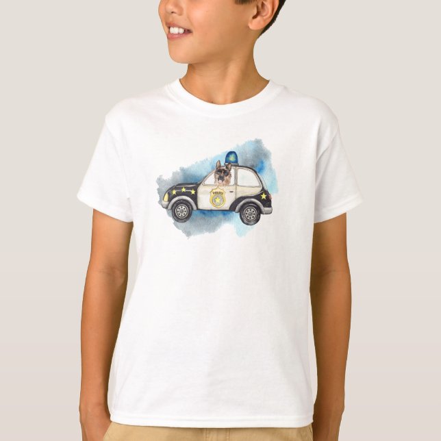 Camiseta Cachorro bonito K-9 pilotando um carro de polícia (Frente)