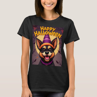 Camiseta Cachorro Bonito na Cena do Halloween com Bombeiros