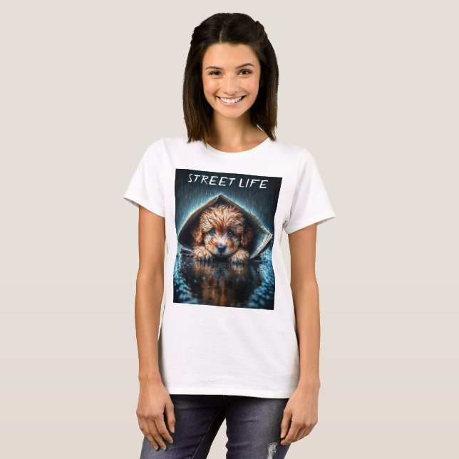 Camiseta Cachorro bonito no dia da chuva com a arte azul (Frente Completa)