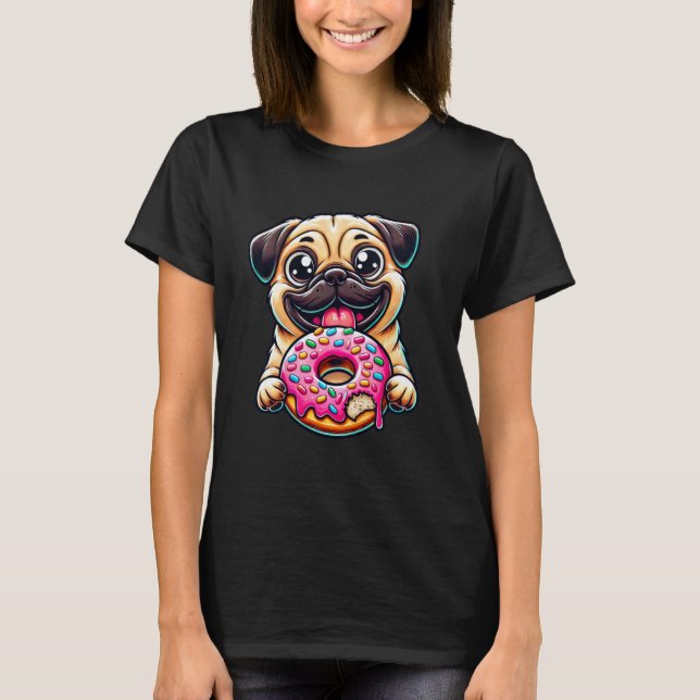 Camiseta Cachorro Bonito Pug Comendo Donut (Frente)